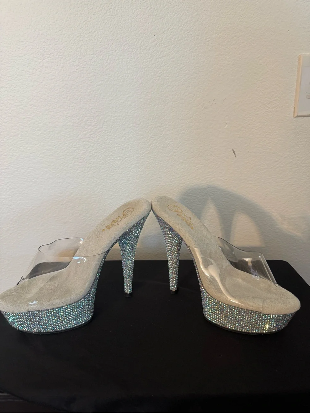 Pleaser Clear Platform Heels with Holographic Crystal Platform - White/Clear